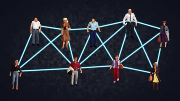 Meerdere miniatuur mensen verbonden door lijnen. Concept van harmonie met verschillende mensen. - Video