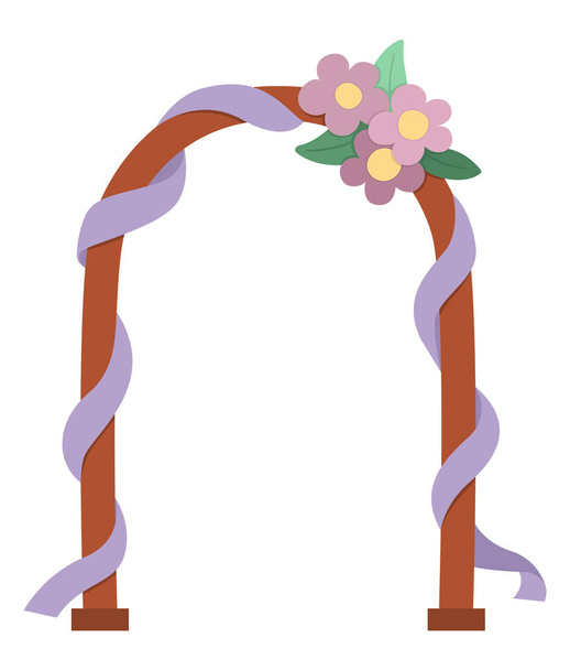 Векторна весільна арка з квітами та фіолетовою стрічкою. Симпатичний елемент шлюбу для нареченого та нареченого. Просто одружена пара аксесуарів. Мультяшна церемонія ілюстрація
 - Вектор, зображення