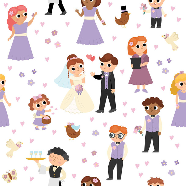 Vector seamless pattern with bride, groom and their guests. Cute just married repeat background with bridesmaids, bridegrooms, children, waiter, registrar. Wedding ceremony digital pape - Vektori, kuva