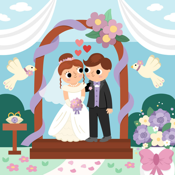 Vector wedding scene with cute just married couple. Marriage ceremony landscape with bride and groom. Husband and wife standing in the arck with doves and flower - Vettoriali, immagini