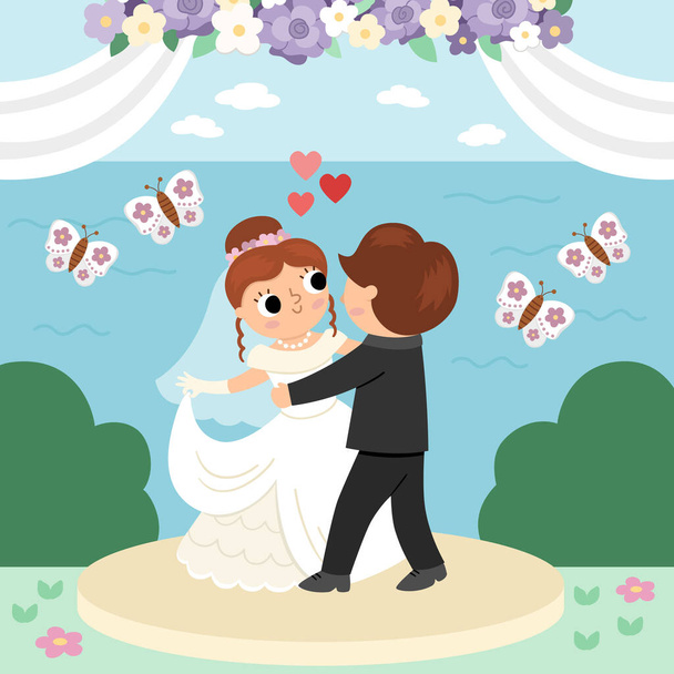 Vector wedding scene with cute just married couple. Marriage ceremony landscape with bride and groom. Husband and wife dancing their first dance with flowers and butterflie - Vector, imagen