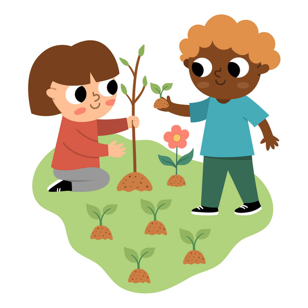 Girl and boy seeding plant icon. Cute eco friendly kids. Children planting a tree. Earth day or healthy lifestyle concept. Funny gardeners decorating garden or par - Wektor, obraz