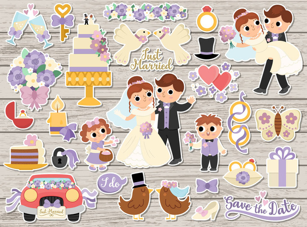Big vector wedding stickers set. Marriage ceremony patches icons collection with funny just married couple, bride, groom, bridesmaids, cake. Cute matrimonial illustrations on wooden backgroun - Vektori, kuva