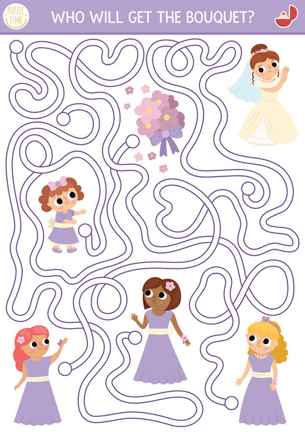 Wedding maze for kids with bride, flowers and bridesmaids. Marriage ceremony preschool printable activity. Matrimonial labyrinth game, puzzle with cute girls in gowns. Who will get the bouque - Vector, afbeelding
