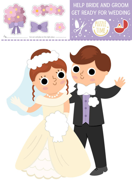 Vector wedding cut and glue activity. Help bride and groom get ready. Crafting game with marriage scene. Printable worksheet for children. Find the right piece of the puzzle. Complete the pictur - Wektor, obraz