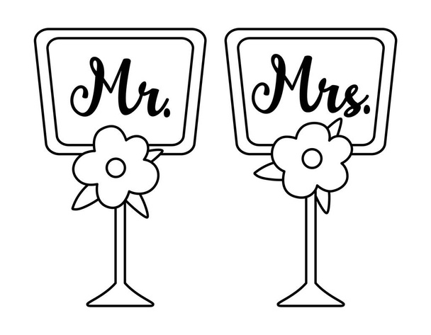 Vector black and white wedding dining table plates with Mr. and Mrs. Inscription. Cute marriage line symbol clipart element for bride and groom. Just married couple banquet decoratio - Vecteur, image