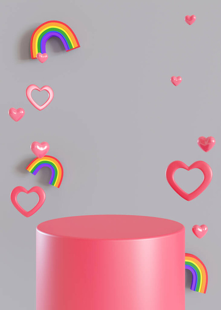 Pinkfarbenes Podium mit Herzen und Regenbogen in der Luft. Valentinstag. Podium für Produkt, kosmetische Präsentation. Attrappe auf. Sockel oder Plattform für Schönheitsprodukte. LGBT, Liebe, Vielfalt. 3D-Renderer - Foto, Bild