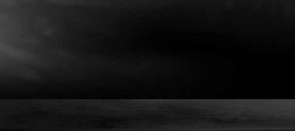 Настінний цементний дисплей, Векторна 3D-студія Чорна марбелева текстура фон, макет горизонту, порожня кімната галереї в темному бетоні з листям, що падають тінь і світло. Широкий панорамний дизайн банера
 - Вектор, зображення