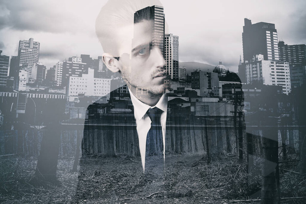 At home in the city. Composite image of a well-dressed man superimposed on an image of a city - Φωτογραφία, εικόνα