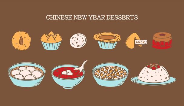 CNY célébration, Nouvel An chinois Desserts illustration vectorielle dans le style doodle. Cuisine traditionnelle asiatique dessin. - Vecteur, image