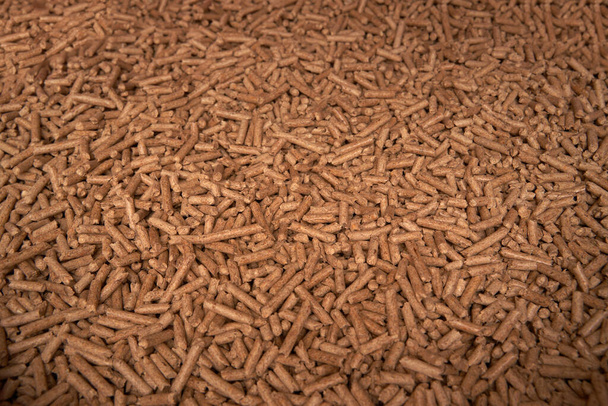 Flatlay van hout pellet. Macro shot van hernieuwbare en duurzame brandstof. Pelletrollen 6mm is een bijproduct van de houtindustrie - Foto, afbeelding