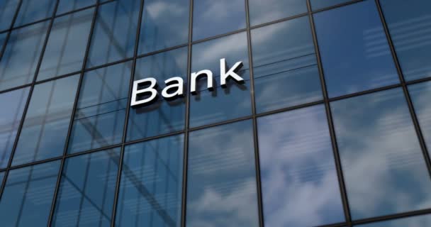 Bank glass building concept. Banking, economy, finance and money symbol on front facade 3d animation. - Footage, Video