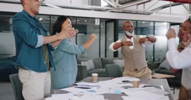 Business people, dance and celebration with success in business meeting achievement and collaboration with team building. Celebrate, diversity and working together, dancing and energy with solidarity. - Кадры, видео