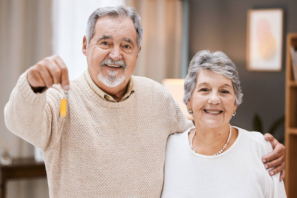 Real estate keys, senior couple and portrait of new home owner happy with apartment, house or property investment. Retirement love, mortgage and elderly marriage people smile for estate purchase sale. - Photo, Image