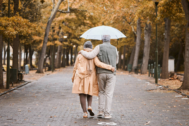 Elderly, couple walk in park with umbrella and fresh air, outdoor in nature in fall for exercise and retirement together. Hug, love and care with trees, senior man and woman in New York back view - Photo, image