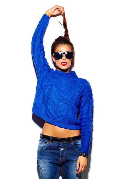 High fashion look.glamor stylish beautiful  young woman model with red lips  in blue sweater - Фото, зображення
