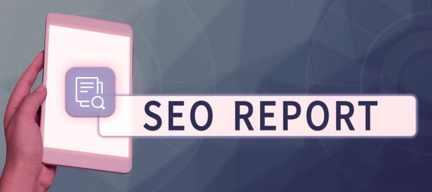 Inspiration zeigt Zeichen Seo Report, Geschäft Schaufenster Benachrichtigung darüber, wie Website in Suchmaschinen-Ergebnissen durchführt - Foto, Bild