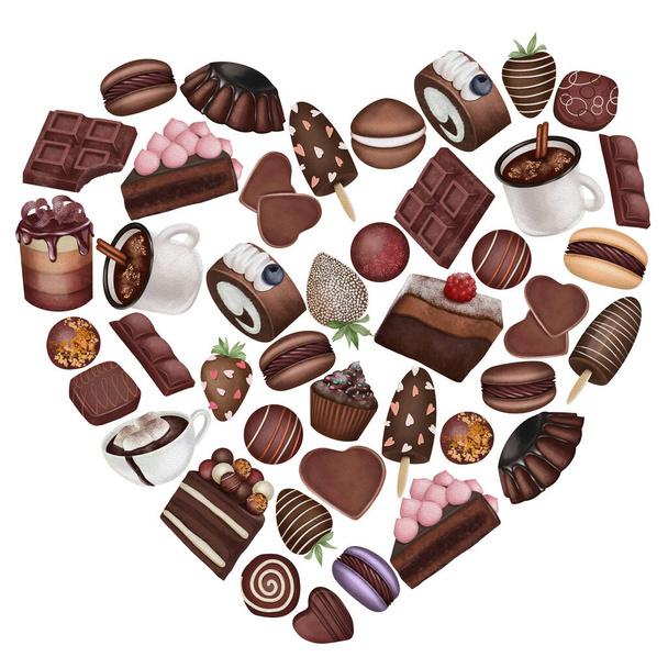 Καρδιά σιλουέτα της αισθητικής κέικ σοκολάτας, καραμέλες και γλυκά, ζωγραφισμένα στο χέρι εικονογράφηση σε λευκό φόντο - Φωτογραφία, εικόνα
