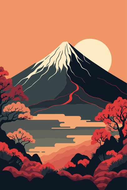 illustrazione di sfondo paesaggio montano giapponese, Monte fuji Giappone vettore stile sfondo per parete arte stampa decorazione poster design - Vettoriali, immagini