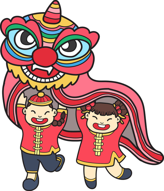 Handgezeichnete chinesische Löwen tanzen mit chinesischen Kindern Illustration isoliert auf dem Hintergrund - Vektor, Bild