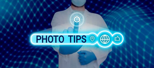 Inspiratie uithangbord Photo Tips, Concept betekent Suggesties om goede foto 's te maken Advies voor geweldige fotografie - Foto, afbeelding