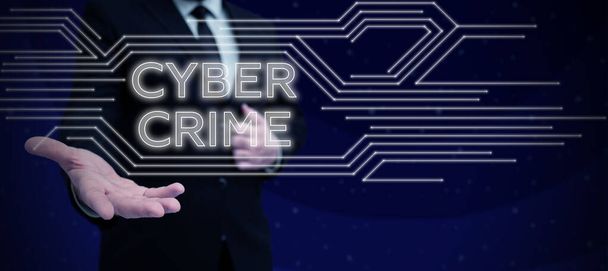 Teksten weergeven Cyber Crime, Business overview soort criminele activiteiten uitgevoerd via internet - Foto, afbeelding
