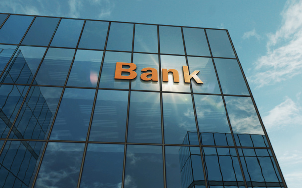 Bank glass building concept. Banking, economy, finance and money symbol on front facade 3d illustration. - Foto, imagen