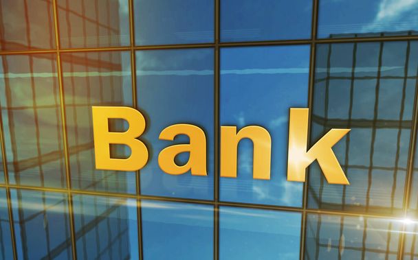 Banka cam bina konsepti. Ön cephede bankacılık, ekonomi, finans ve para sembolü 3D illüstrasyon. - Fotoğraf, Görsel