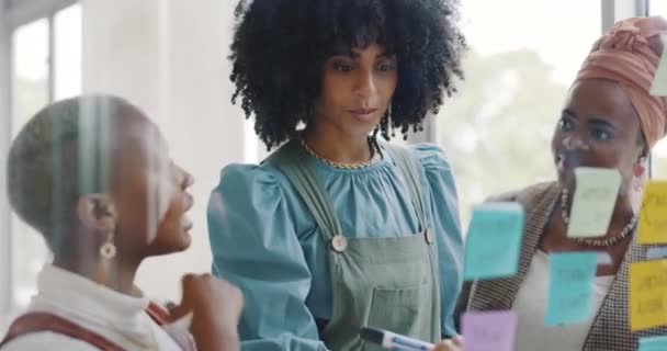 Black women, business plan and writing ideas on glass, window and target logistics for schedule, kpi goals or startup collaboration. Female workers, team and planning notes, agenda or creative vision. - Filmagem, Vídeo
