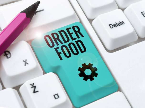 Teksten weergeven Bestellen Voedsel, Internet Onderwerp het proces van het aanvragen van een voorkeursgerecht in een restaurant - Foto, afbeelding