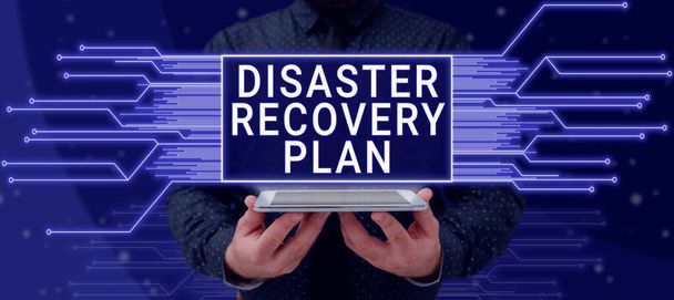 Tekst odręcznego pisma Plan Odzyskiwania Katastrof, Koncepcja oznaczająca posiadanie środków awaryjnych przeciwko niebezpiecznej sytuacji - Zdjęcie, obraz