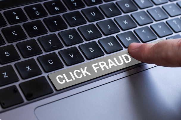 Koncepcionális megjelenítés Click Fraud, Word Írta a gyakorlatban többször kattintva hirdetés házigazda honlapján - Fotó, kép