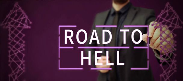 Inspiration zeigt Zeichen Road To Hell, Konzeptfoto Extrem gefährliche Passage Dark Risky Unsichere Reise - Foto, Bild