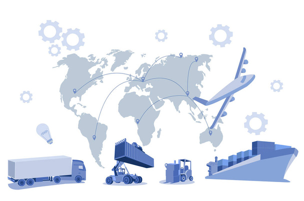 Логістика і доставка контейнерних вантажівок в порту для бізнесу Транспортний корабель і вантажний літак з крановим мостом працює на верфі на світанку, логістика імпорту експорту і доставки вантажів - Вектор, зображення