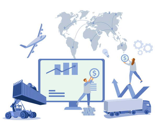 Logistika a přeprava kontejnerových nákladních automobilů v přístavu pro podnikání Kontejner Nákladní loď a nákladní letadlo s jeřábovým mostem pracující v loděnici při východu slunce, import logistiky export a přeprava - Vektor, obrázek