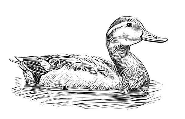 Утка плавает в озере, нарисованная вручную в стиле каракулей Векторная иллюстрация. - Вектор,изображение