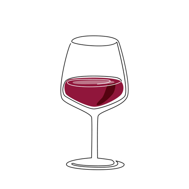 Bicchiere di vino rosso. Illustrazione continua del vettore di disegno di linea isolata su bianco - Vettoriali, immagini