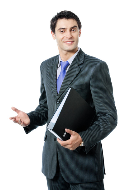 Businessman or speaker in blue tie, with folder, isolated - Foto, Bild
