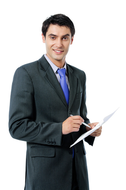 Smiling businessman writing, over white - Фото, изображение