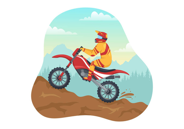 Motocross Illustratie met een Rider Riding a Bike Through Mud, Rocky Roads en Avontuur in Extreme Sport Flat Cartoon met de hand getekend sjabloon - Vector, afbeelding