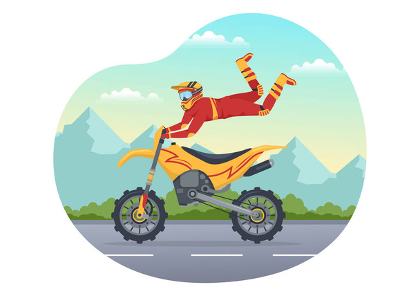 極端なスポーツフラット漫画ハンドドローテンプレートで泥、ロッキーロードや冒険を介して自転車に乗るライダーとモトクロスイラスト - ベクター画像
