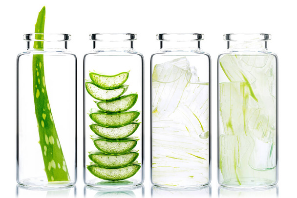 Homemade skin care aloe vera and aloe vera gel in glass bottles isolated on white background. - Fotografie, Obrázek