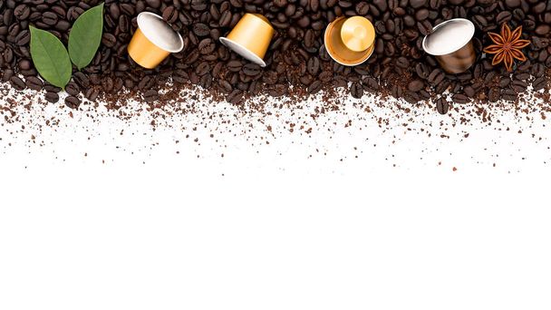 Dark roasted coffee beans setup on white background with copy space. - Zdjęcie, obraz