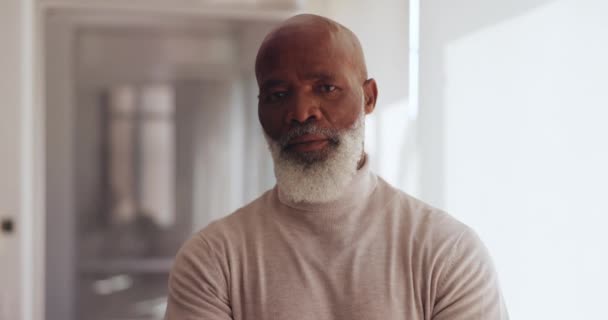Face, serious and mindset with a business black man standing arms crossed in his office at work. Portrait, vision and focus with a senior male employee looking to a future company goal of growth. - Materiał filmowy, wideo