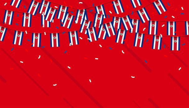 Costa Rica celebration bunting flags with confetti and ribbons on red background. vector illustration. - Vector, imagen