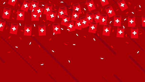 Switzerland celebration bunting flags with confetti and ribbons on red background. vector illustration. - Vector, Image