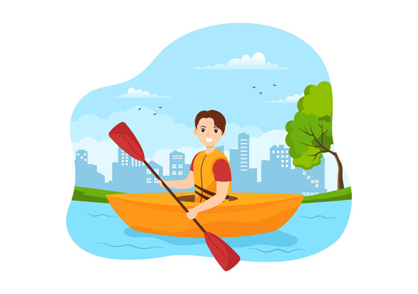 Emberek Élvezik Rowing Illusztráció kenu és vitorlázás a folyón vagy a tó az aktív vízi sportok Flat Rajzfilm kézzel rajzolt sablon - Vektor, kép