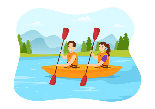 Menschen genießen Rudern Illustration mit Kanu und Segeln auf Fluss oder See in aktiven Wassersport flache Cartoon handgezeichnete Vorlage - Vektor, Bild
