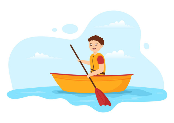 Pessoas que gostam de ilustração de remo com canoa e vela no rio ou lago em esportes aquáticos ativos Modelo desenhado à mão dos desenhos animados planos - Vetor, Imagem