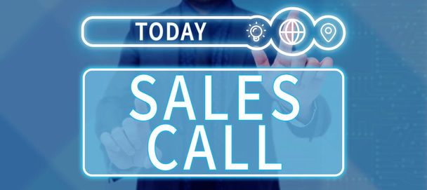 Teksti merkki osoittaa Myynti Call, Business esittelee puhelun myyntiedustaja yrityksen - Valokuva, kuva